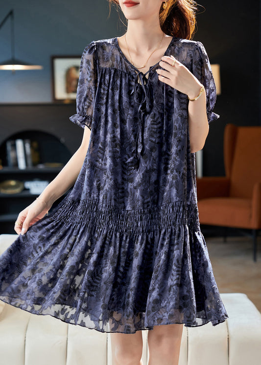 Women Navy V Neck Print Patchwork Chiffon Dress Summer