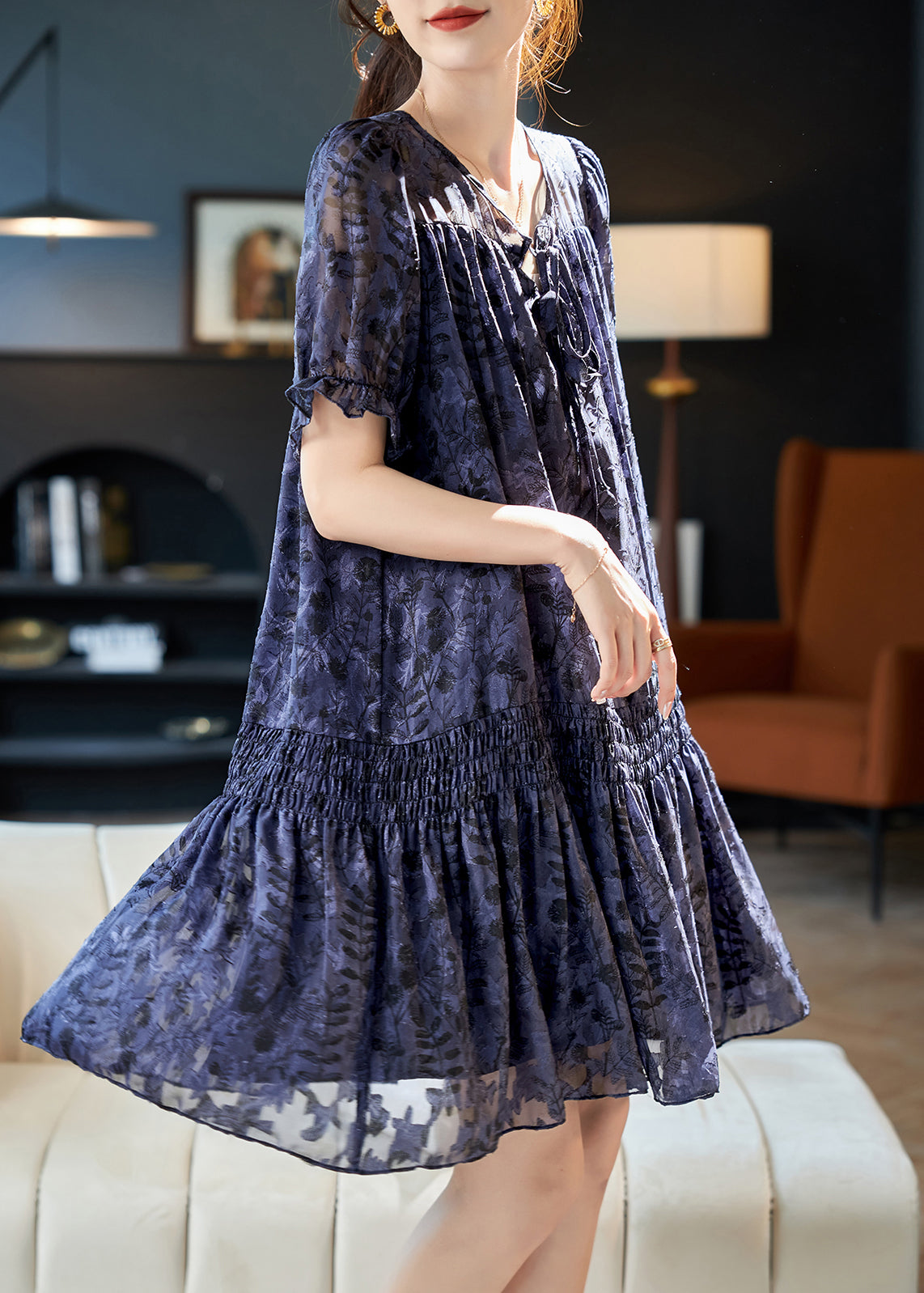 Women Navy V Neck Print Patchwork Chiffon Dress Summer