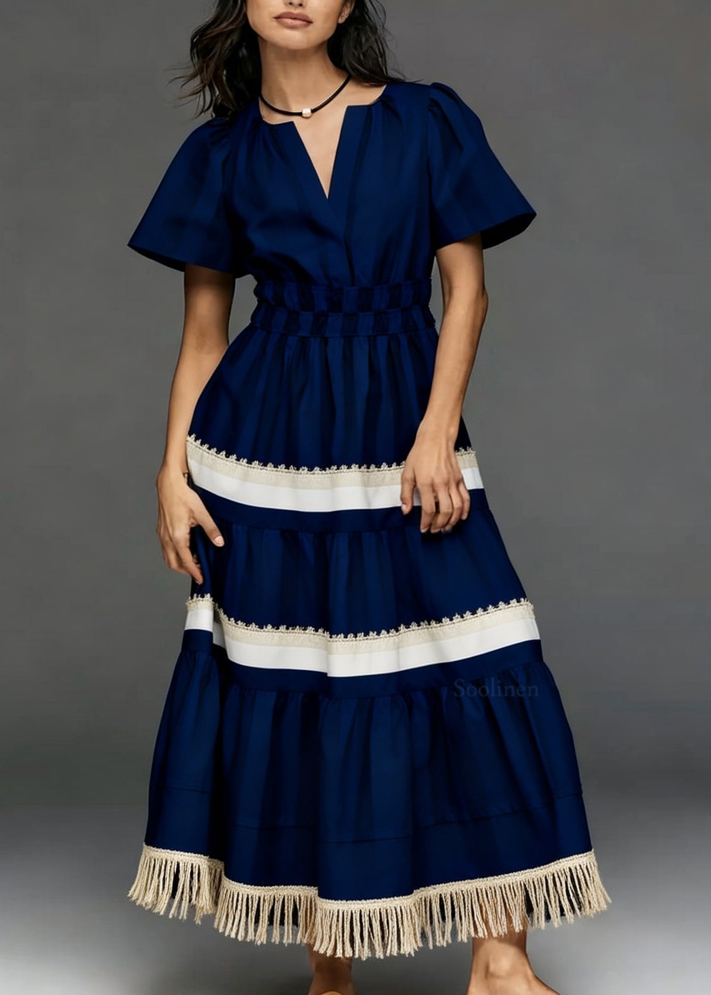 Women Navy V Neck Tasseled Patchwork Cotton Dresses Summer