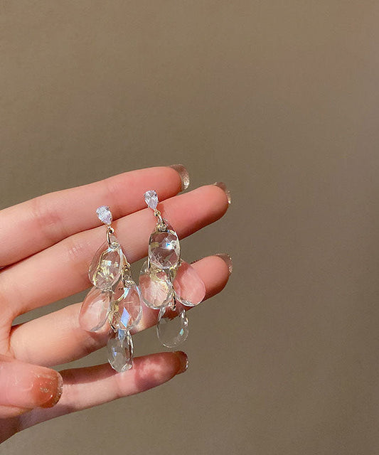 Pendientes colgantes con borlas de circonitas y cristales de aleación de plata de ley color nude para mujer