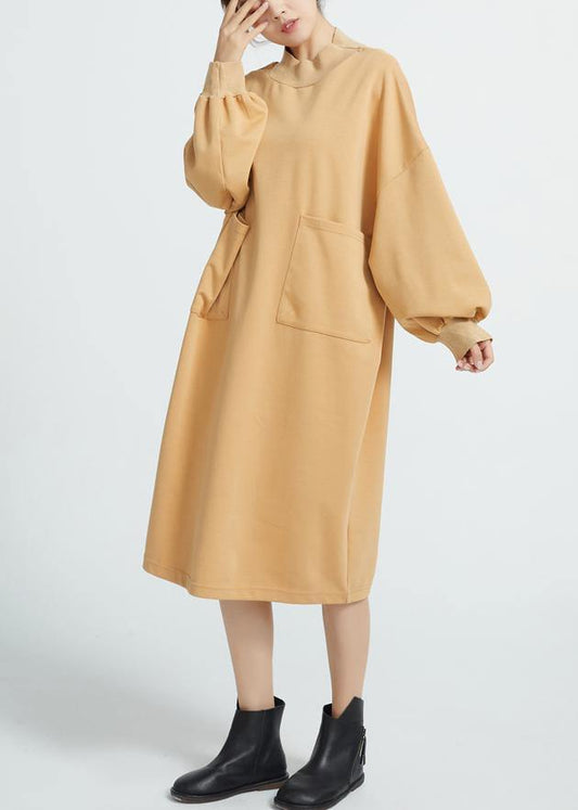 Women O Neck Cotton Spring Dresses Sleeve Camel Color Dresses - SooLinen