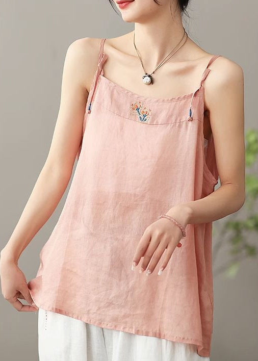 Women Orange Embroidered Linen Spaghetti Strap Top Summer