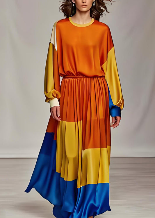 Frauen Orange O Neck Seide Zwei Stücke Set Langarm