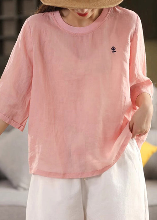 Women Orange O Neck Solid Linen T Shirts Half Sleeve