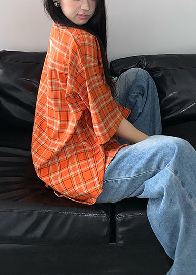 Women Orange Oversized Plaid Cotton Top Summer