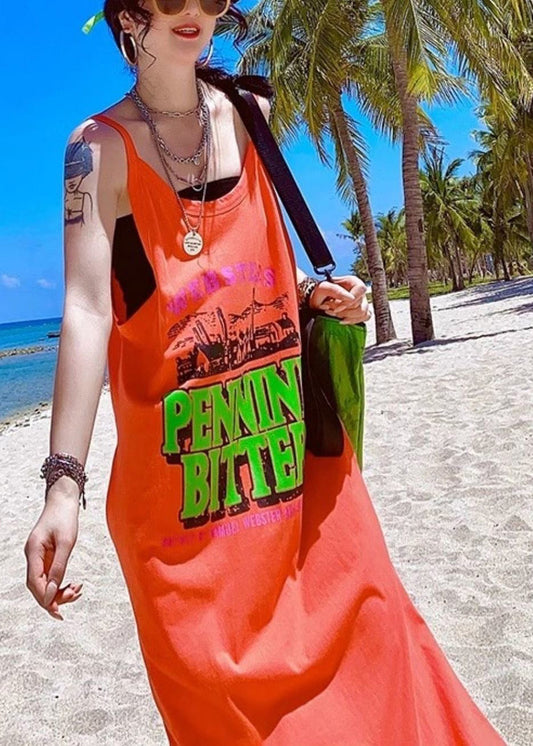 Women Orange Oversized Print Cotton Vacation Sundresses Summer