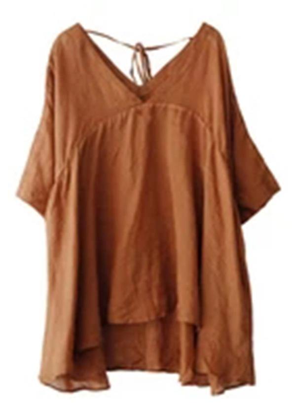 Women Orange Ramie Lace-up Pure Color Irregular Casual T-shirt - SooLinen