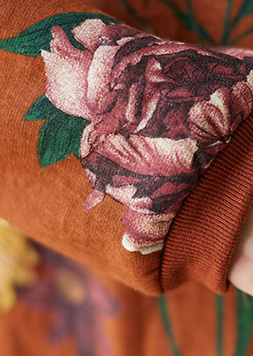 Frauen Orange Rot Rollkragen Drucken Warme Fleece Sweatshirts kleid Winter