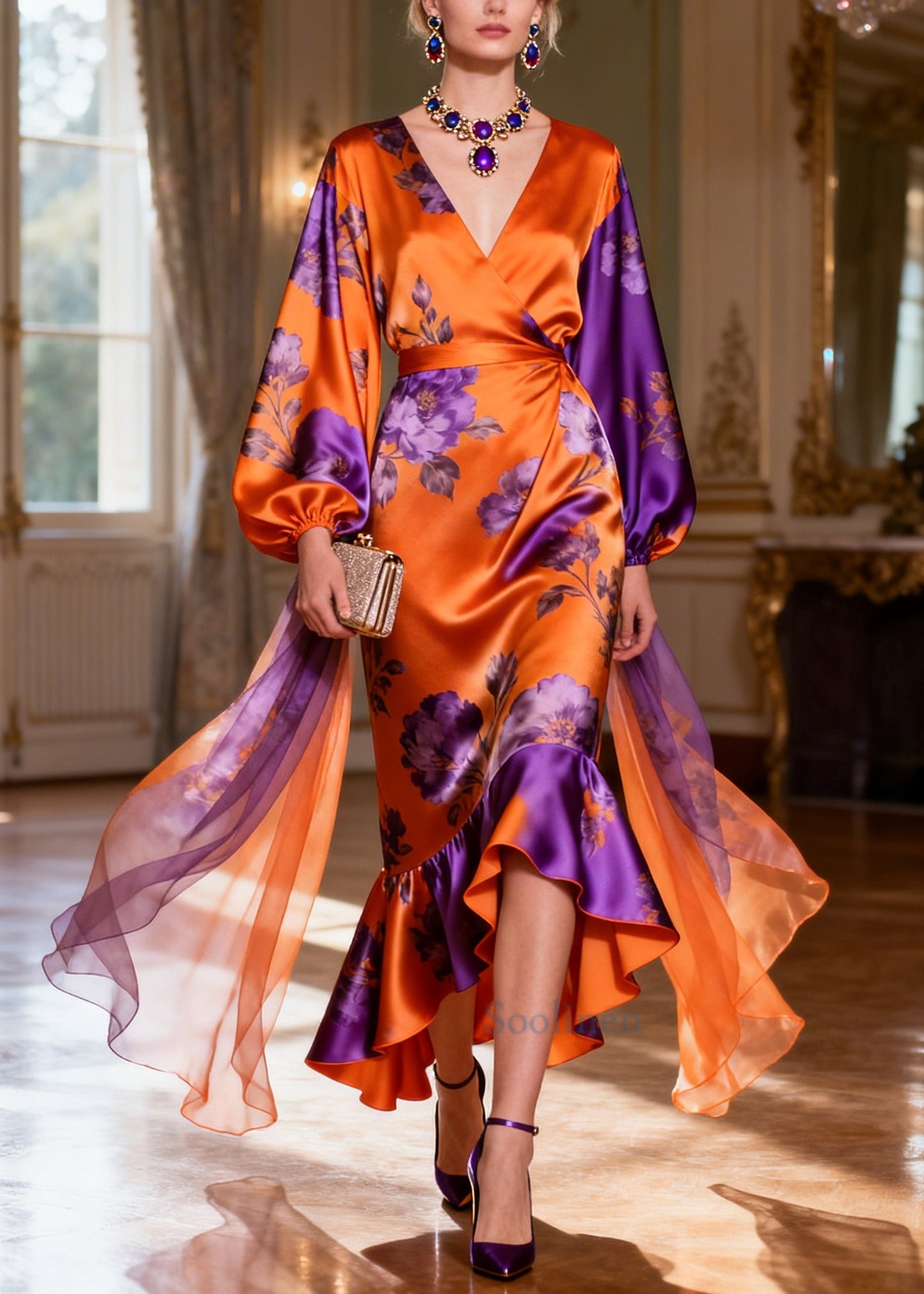 Women Orange Ruffled Print Silk Robe Dresses Lantern Sleeve