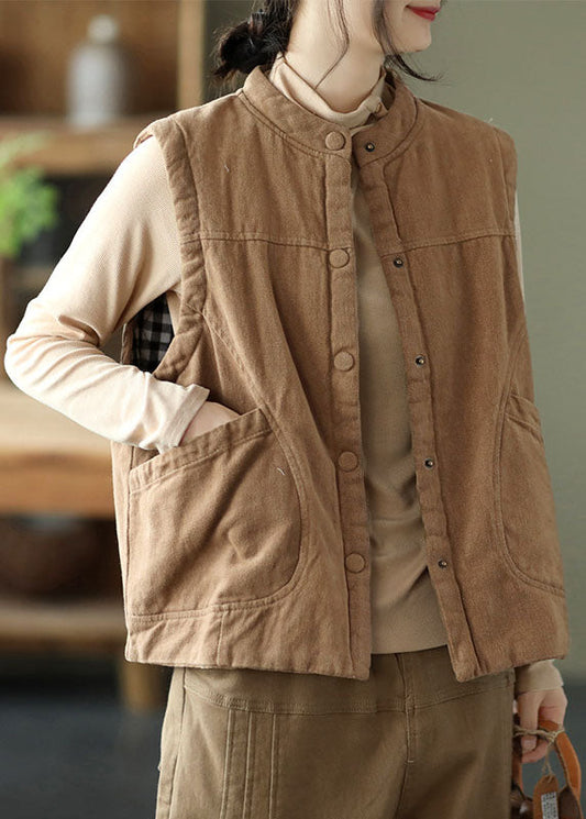 Damen Orange Stehkragen Knopftaschen Winter Ärmellose Weste