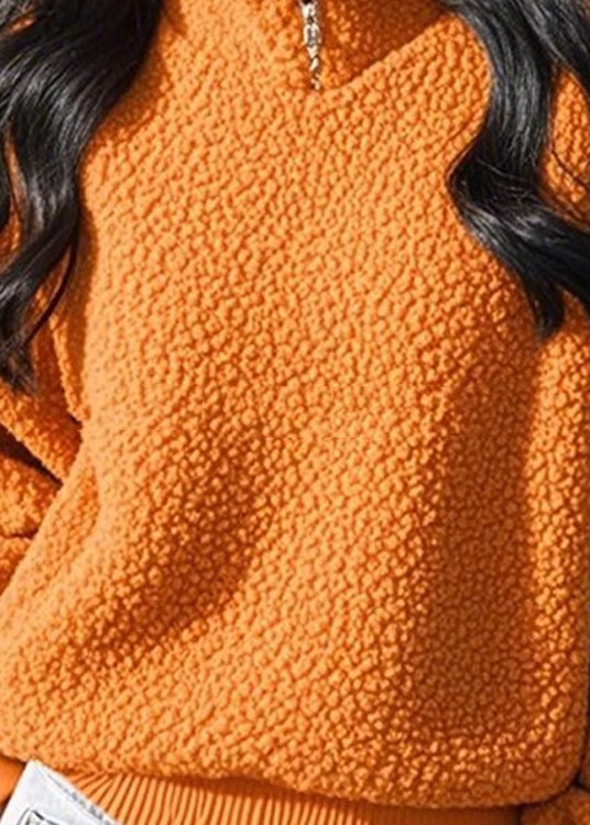 Sudadera naranja con cuello alto y cremallera para mujer, lisa y esponjosa, para invierno