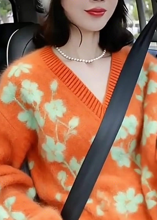 Suéter corto de punto jacquard con cuello en V naranja para mujer para invierno