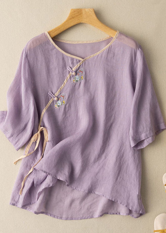 Frauen Orange V Hals binden Taille Embroideried Leinen Shirt Top Frühling