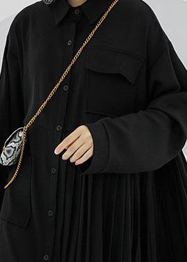 Women POLO collar cotton clothes For Women black long shirt Dress - SooLinen