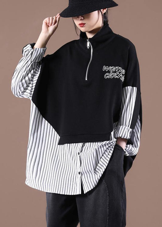 Women Patchwork Spring Organic Shirts Black Tops - SooLinen