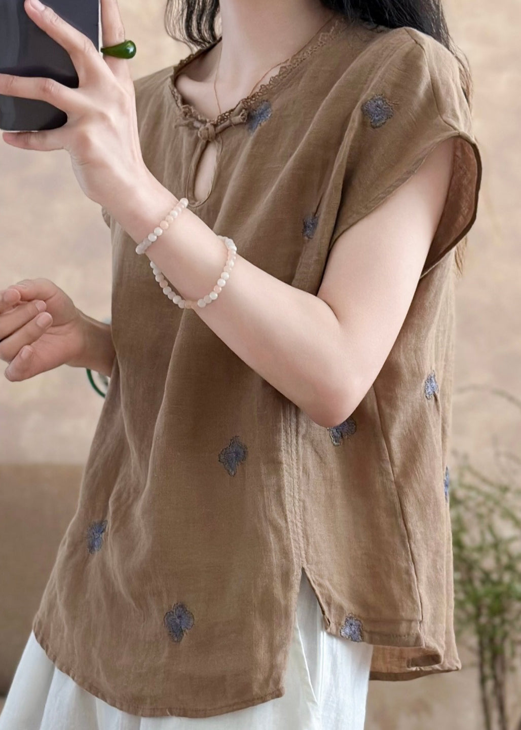 Women Peacock Blue Embroidered Butterfly Linen Top Summer