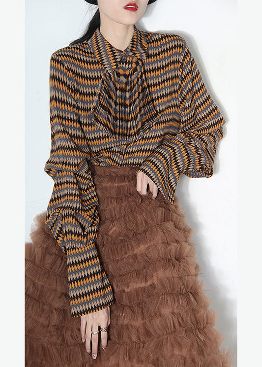 Frauen Peter Pan Kragen Plaid Button Seide Shirts Frühling