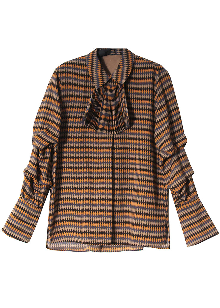 Frauen Peter Pan Kragen Plaid Button Seide Shirts Frühling