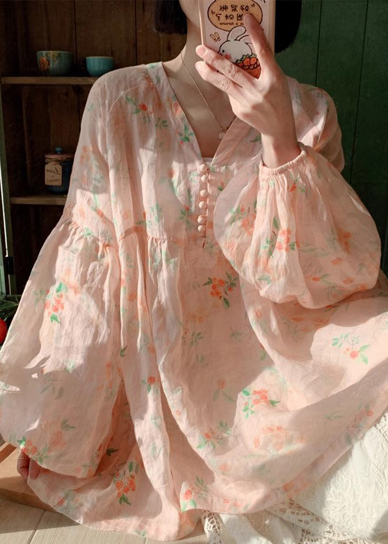 Damen Rosa Bluse mit Knopfdruck und Laternenärmeln aus Baumwolle