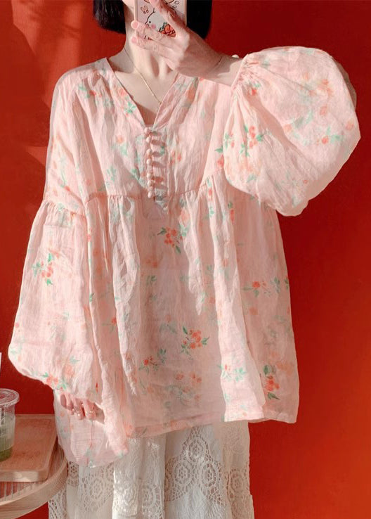 Damen Rosa Bluse mit Knopfdruck und Laternenärmeln aus Baumwolle