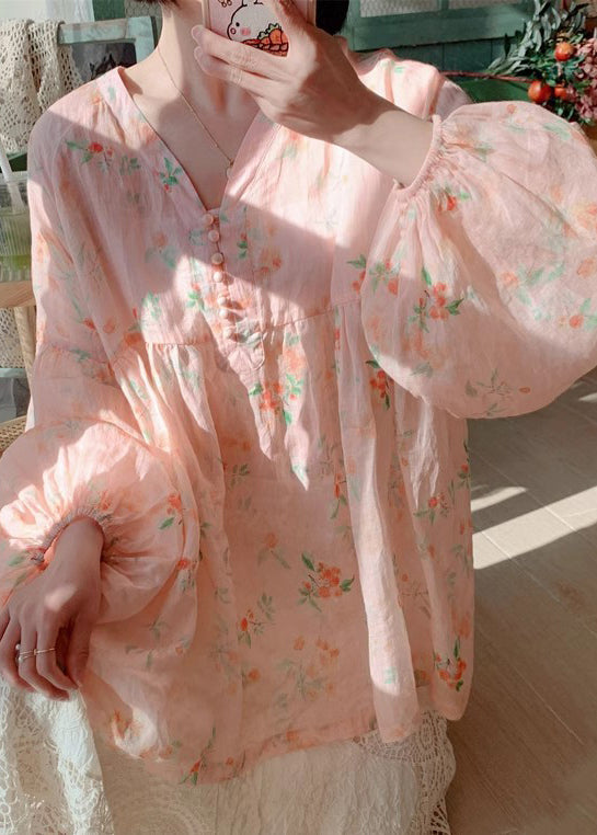 Damen Rosa Bluse mit Knopfdruck und Laternenärmeln aus Baumwolle