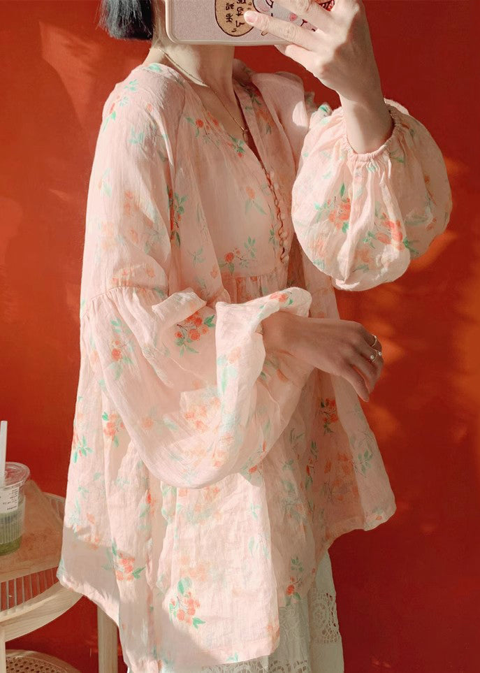 Damen Rosa Bluse mit Knopfdruck und Laternenärmeln aus Baumwolle