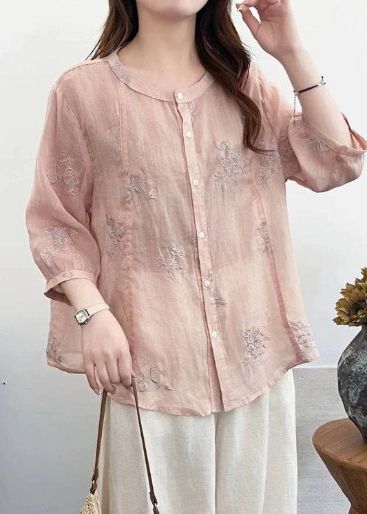 Women Pink Embroidered Linen Loose Shirt Half Sleeve