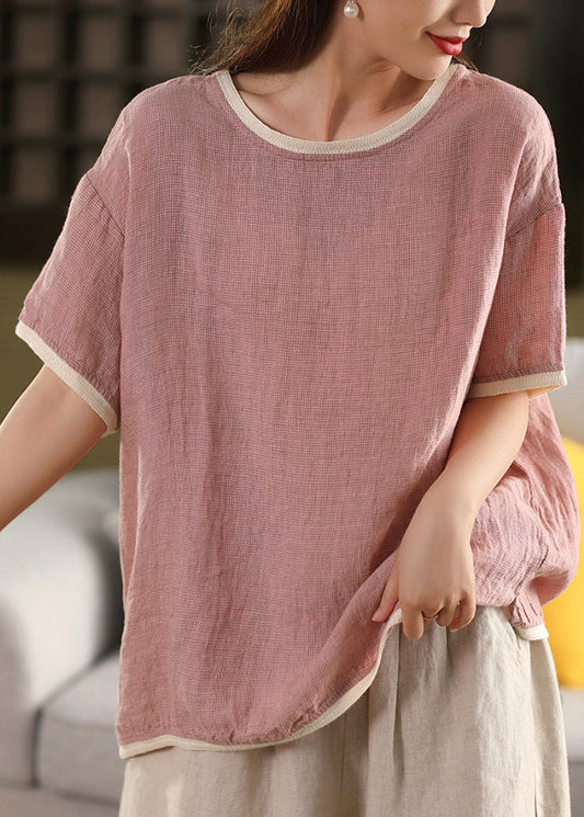 Women Pink O Neck Patchwork Linen T Shirts Summer