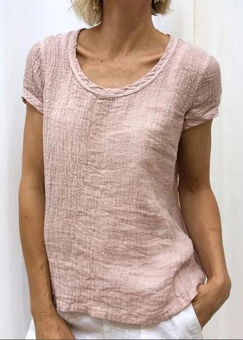 Frauen Rosa O-Ausschnitt Solide Baumwolle T Shirt Sommer