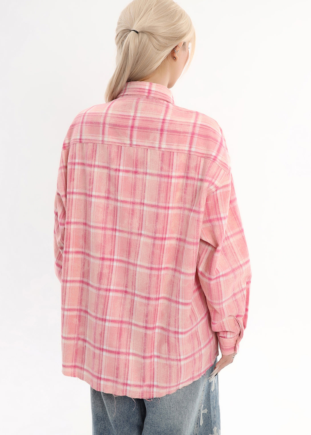Camisa de algodón a cuadros rosa de gran tamaño para mujer, tops de primavera