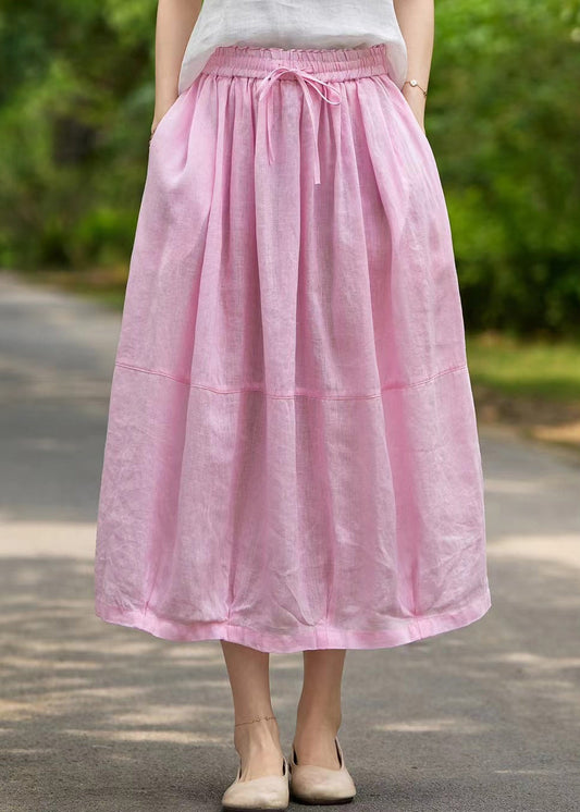 Women Pink Pockets Elastic Waist Linen Skirt Summer