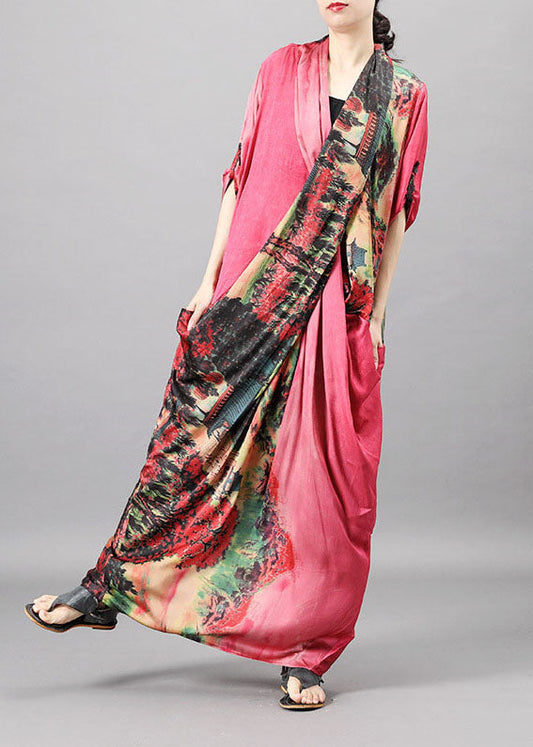 Women Pink Pockets Print Patchwork Fall Half Sleeve Dress