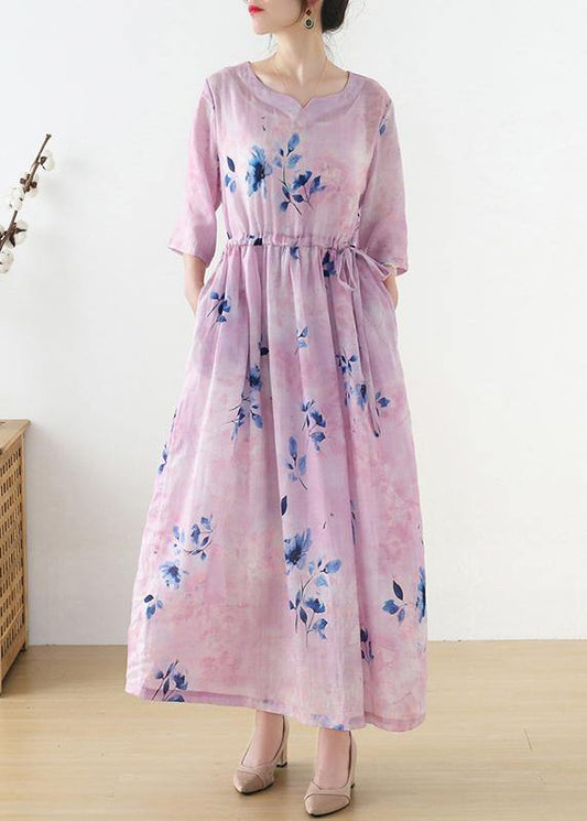 Women Pink Print Tie Waist Maxi Dresses Summer Ramie - SooLinen