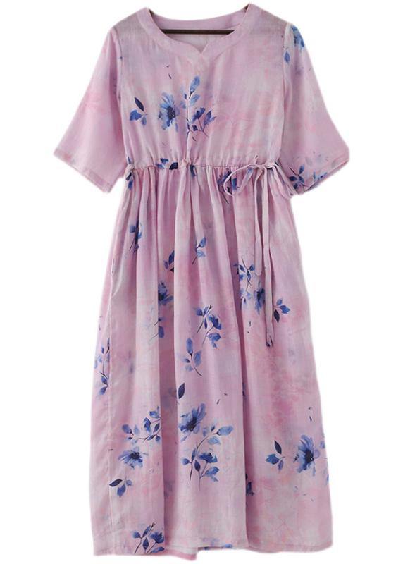 Women Pink Print Tie Waist Maxi Dresses Summer Ramie - SooLinen
