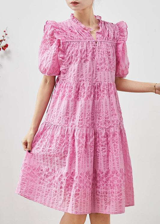 Frauen Rosa Puff Ärmel Rüschen Wrinkled Tag Kleid Sommer