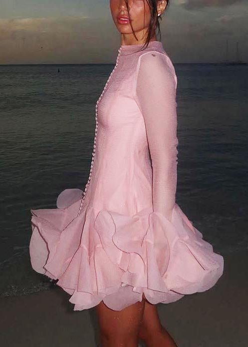 Women Pink Single Breast Mini Dress Flare Sleeve