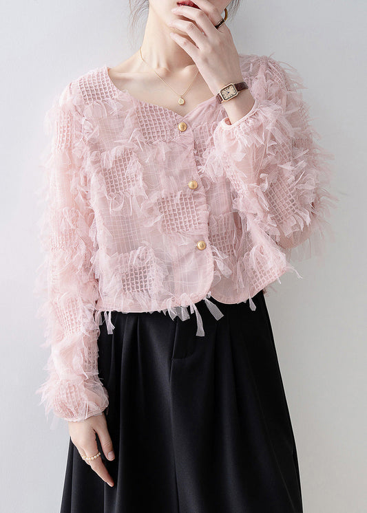 Women Pink Square Collar Tassel Patchwork Tulle Top Spring