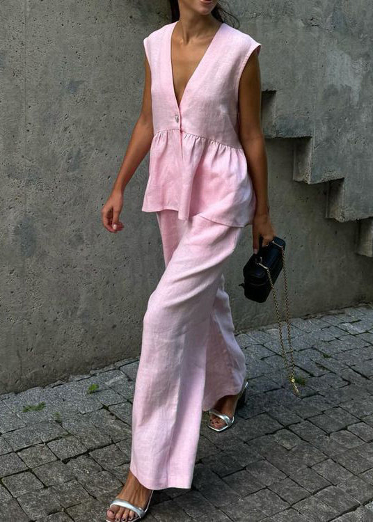 Women Pink V Neck Button Waistcoat And Pants Cotton Two Piece Set Sleeveless
