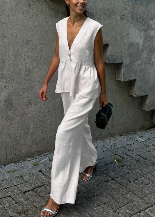 Women Pink V Neck Button Waistcoat And Pants Cotton Two Piece Set Sleeveless