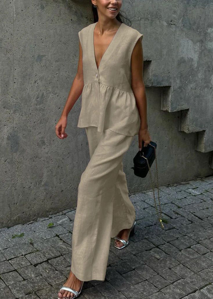 Women Pink V Neck Button Waistcoat And Pants Cotton Two Piece Set Sleeveless