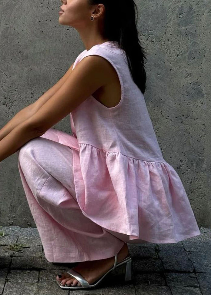 Women Pink V Neck Button Waistcoat And Pants Cotton Two Piece Set Sleeveless