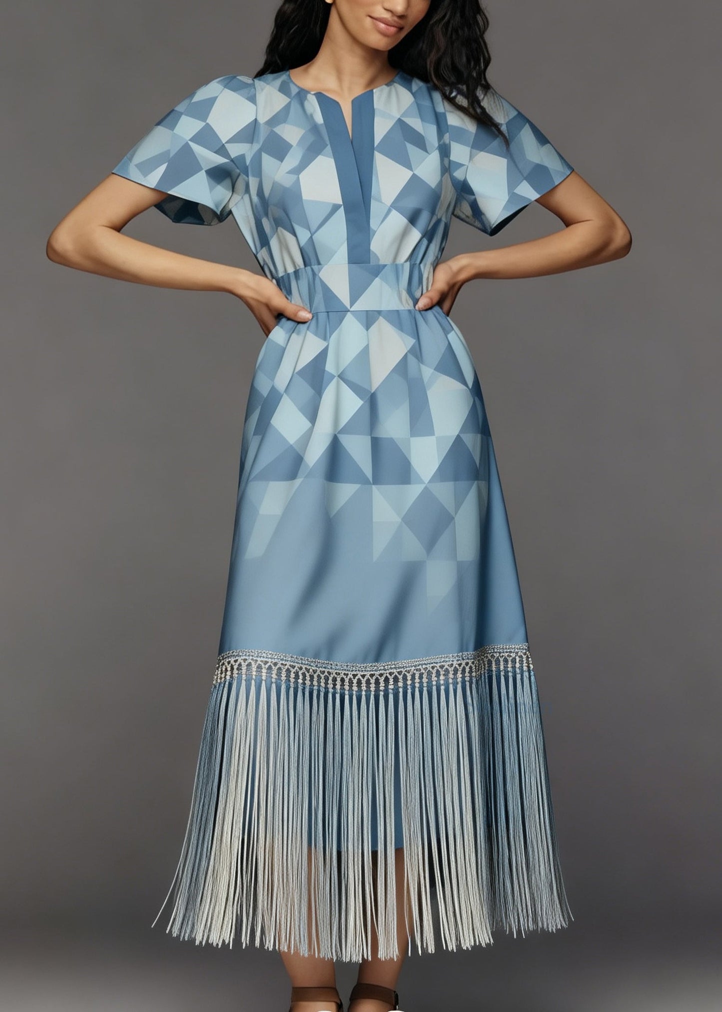 Women Print O Neck Tassel Patchwork Cotton Long Dresses Summer