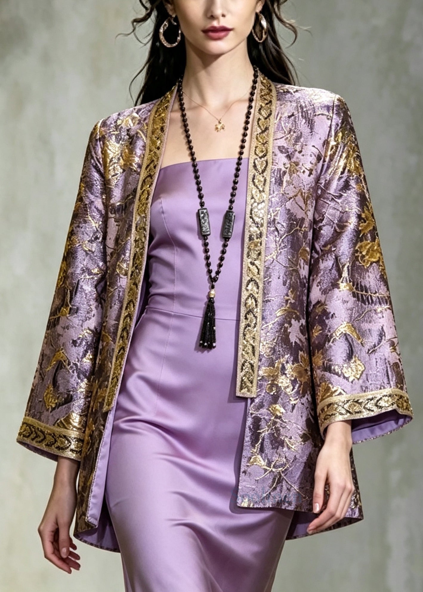 Women Purple Embroidered Jacquard Silk Coat Fall