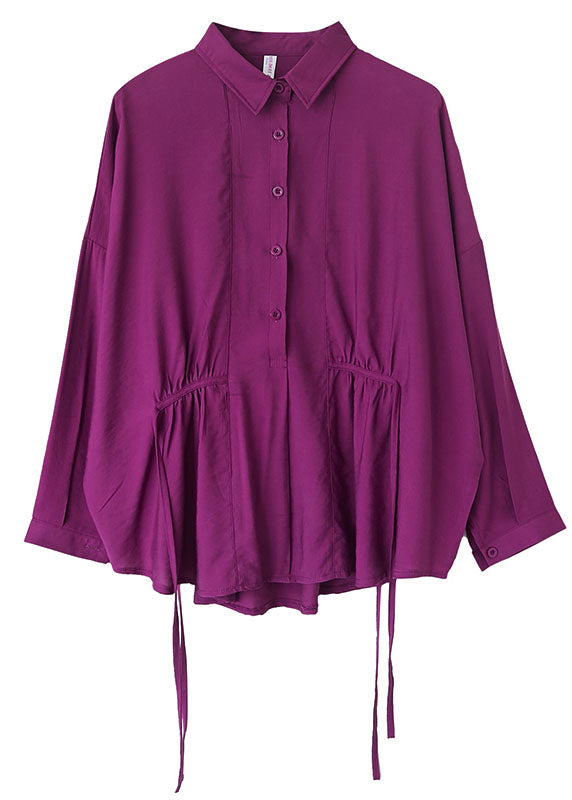 Frauen Lila Lose Knopf krawatte taille Herbst Hemd Langarm