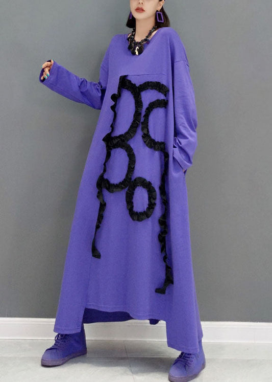 Frauen Lila O-Ausschnitt Asymmetrische Rüschen Baumwolle A-Linie Kleid Frühling