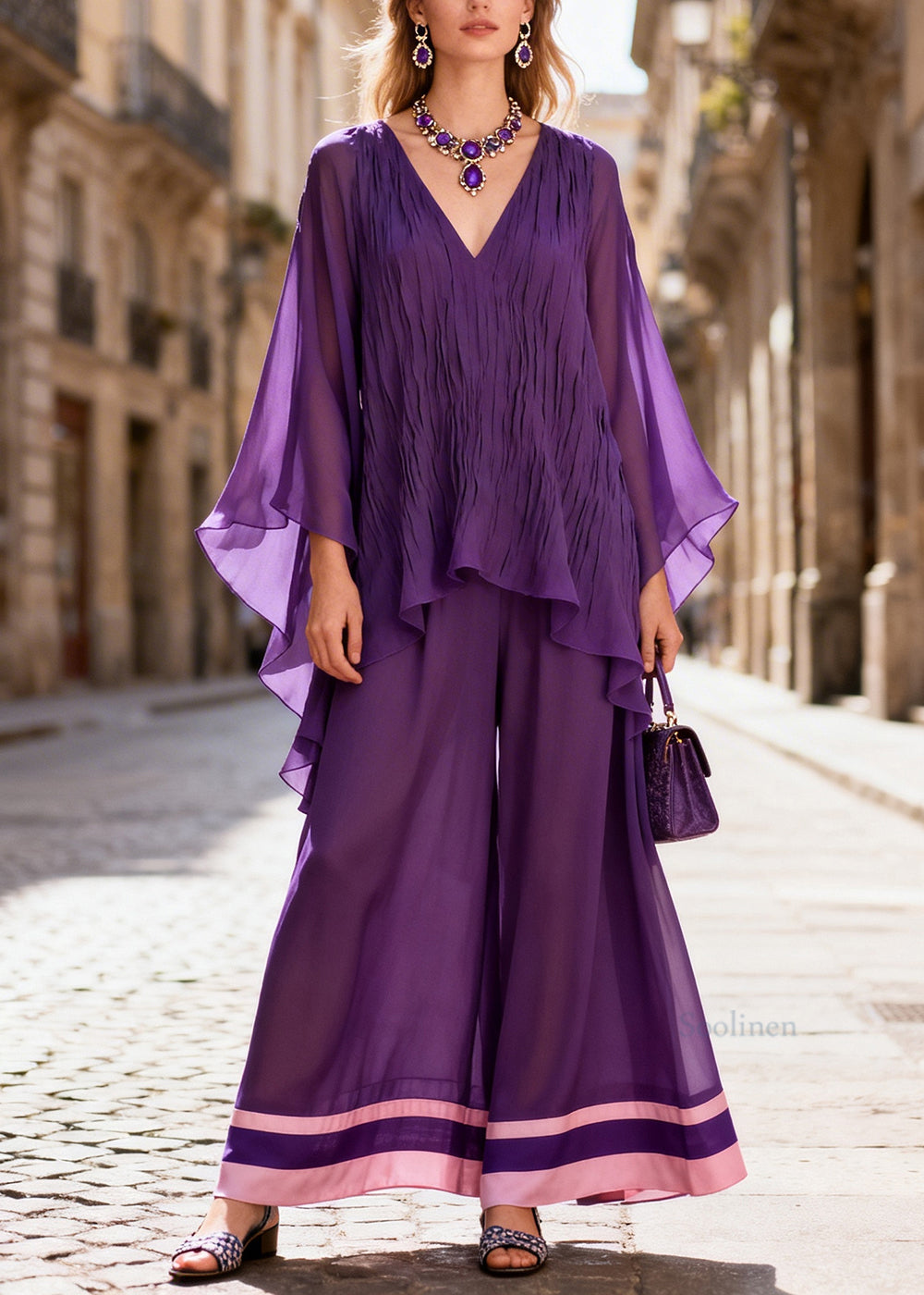 Women Purple Oversized Wrinkled Chiffon Two-Piece Set Batwing Sleeve