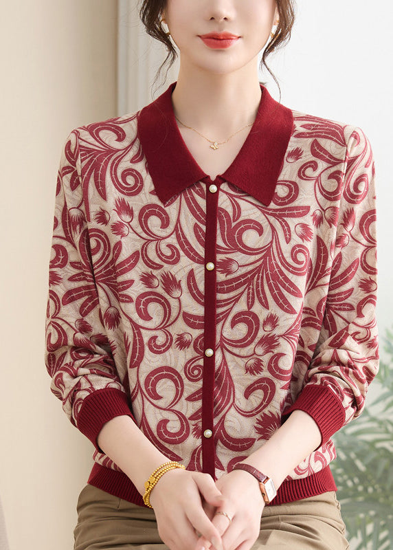 Women Purple Peter Pan Collar Print Knit Sweaters Spring