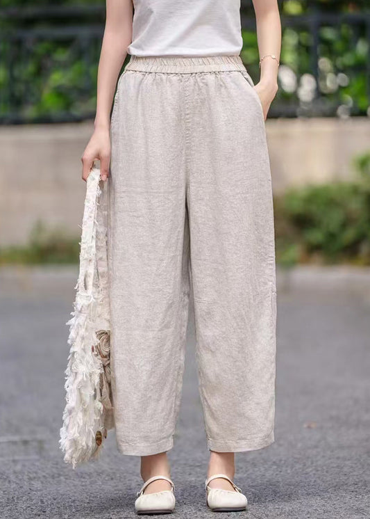 Women Purple Pockets Elastic Waist Linen Crop Pants Summer