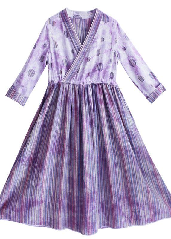 Women Purple Striped Quilting Dresses Patchwork Two Ways To Wear long Spring Dress - SooLinen
