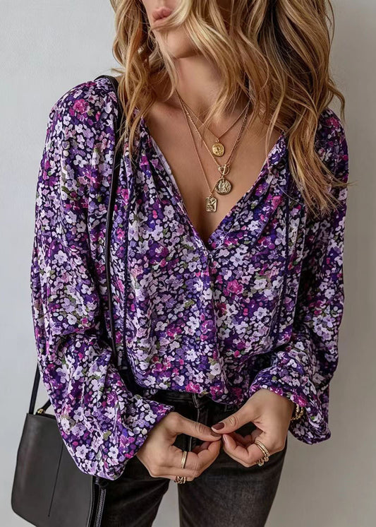 Women Purple V Neck Print Chiffon Shirt Long Sleeve